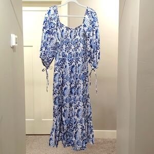 Brand new dress, blue floral print, cotton, smocked bodice, drawstring sleeves
